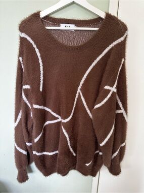 Brown Fuzzy Knit Sweater with White Abstract Lines- one size fits all